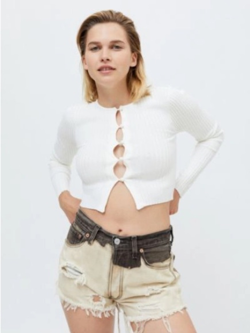 Urban Outfitters Cream Ribbed Button-Loop Knit Cardigan - Picture 2 of 5